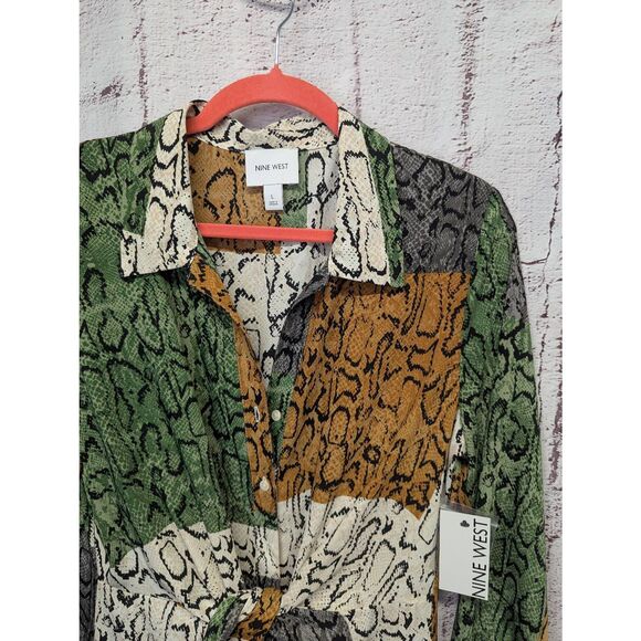 Nine West Shirt Dress Button Front‎ Tie Knot Waist Snake Print Size Large NWT - Picture 3 of 11